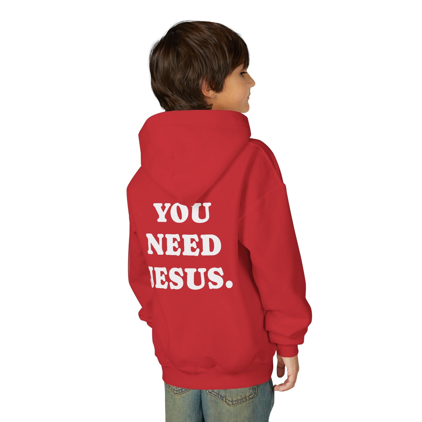 Youth Hoodie — “You Need Jesus.” Bold Back Print with Crown Accent