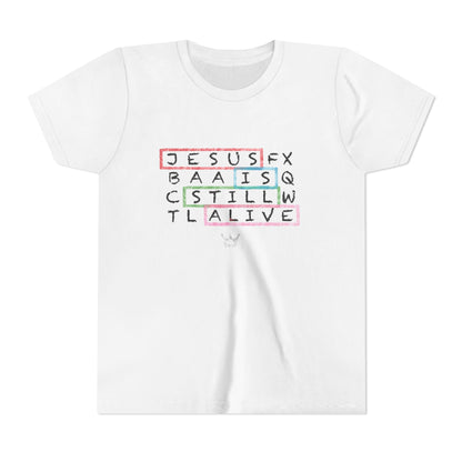 Youth Tee — "Jesus Is Still Alive" Scrabble-Style Christian Graphic