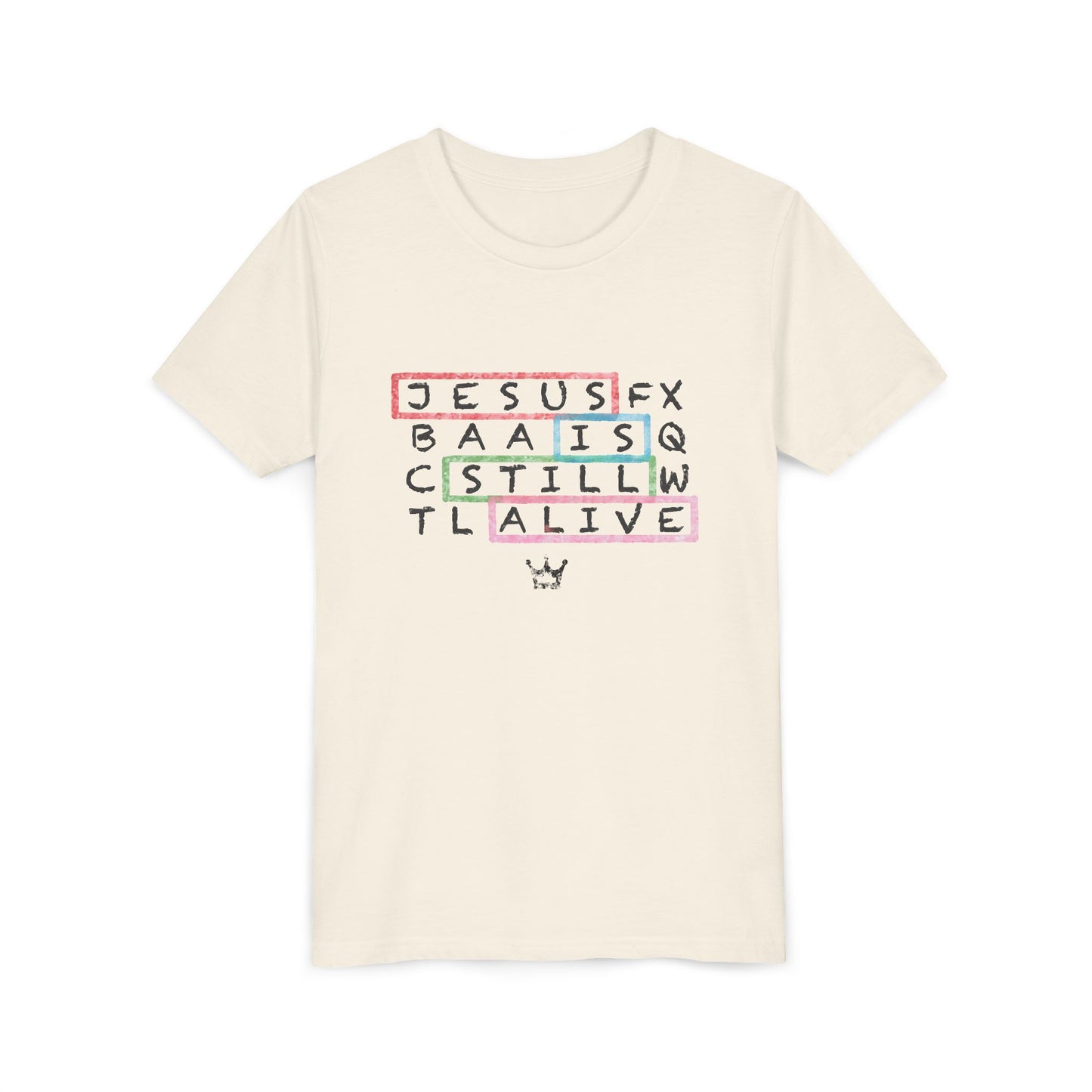 Youth Tee — "Jesus Is Still Alive" Scrabble-Style Christian Graphic