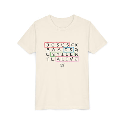 Youth Tee — "Jesus Is Still Alive" Scrabble-Style Christian Graphic