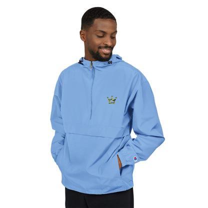 Packable Orange Anorak Jacket — Lightweight Hooded Windbreaker with Small Embroidered Design