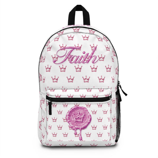 Faith Pink Crown Pattern Backpack — Cute Religious School Bag for Girls