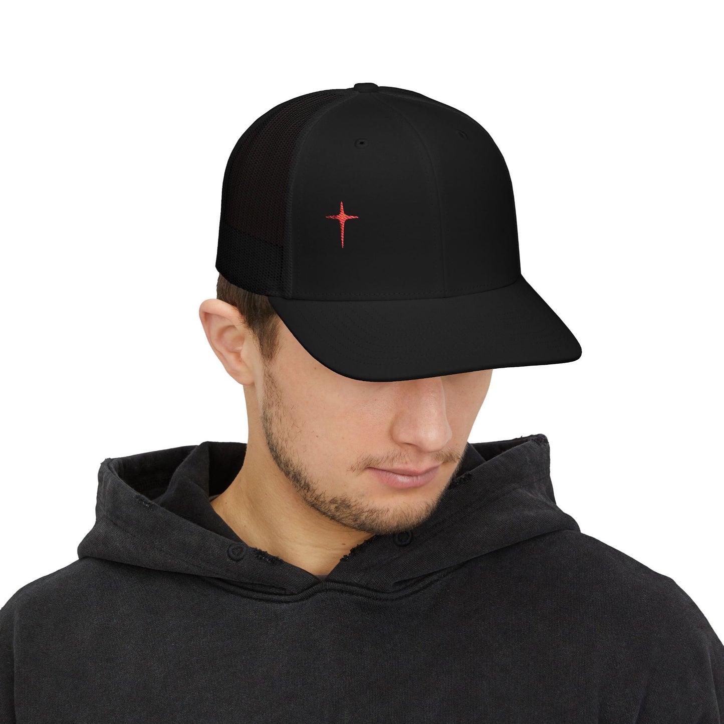 Embroidered Cross Snapback Trucker Hat