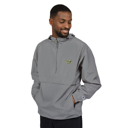 Packable Orange Anorak Jacket — Lightweight Hooded Windbreaker with Small Embroidered Design