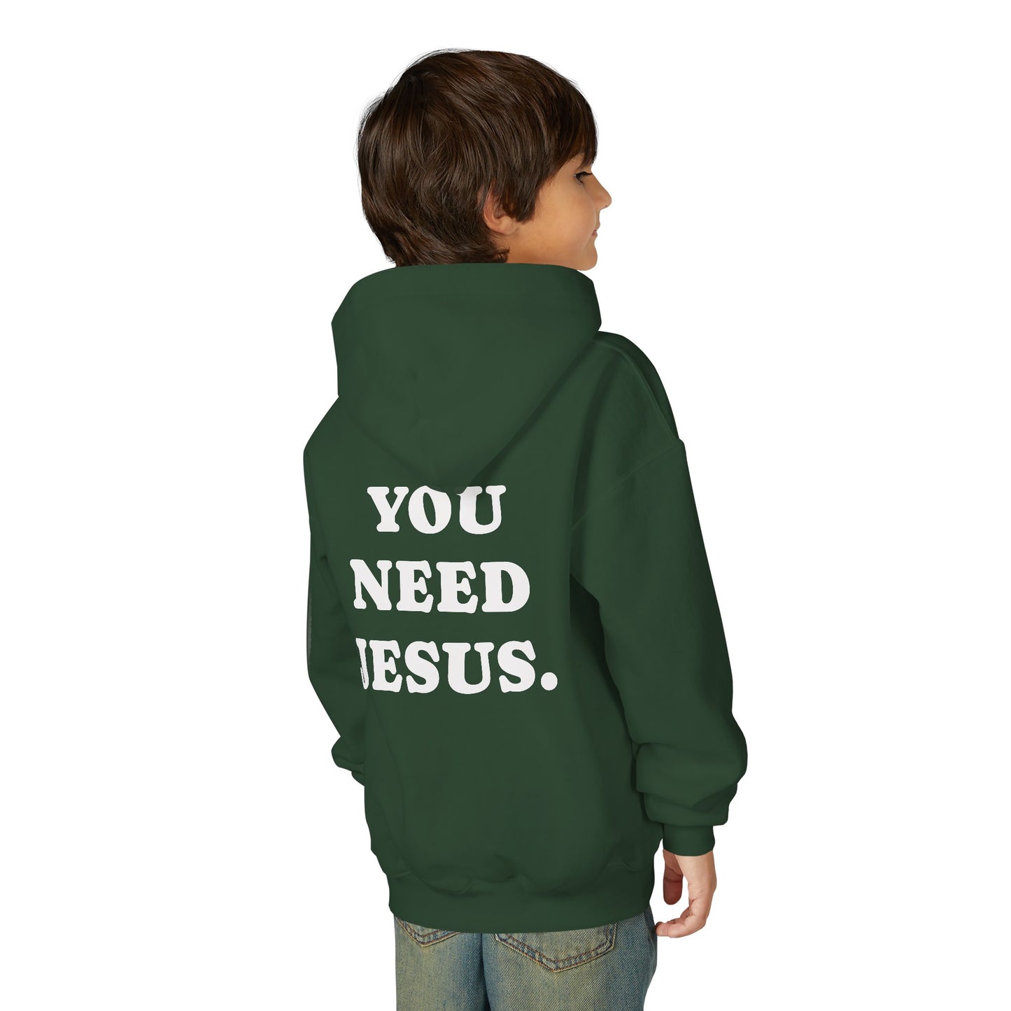 Youth Hoodie — “You Need Jesus.” Bold Back Print with Crown Accent