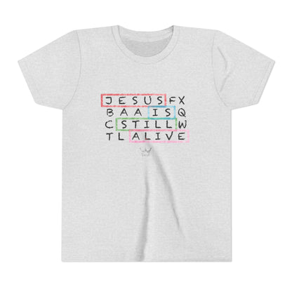 Youth Tee — "Jesus Is Still Alive" Scrabble-Style Christian Graphic