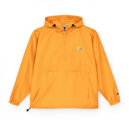 Packable Orange Anorak Jacket — Lightweight Hooded Windbreaker with Small Embroidered Design
