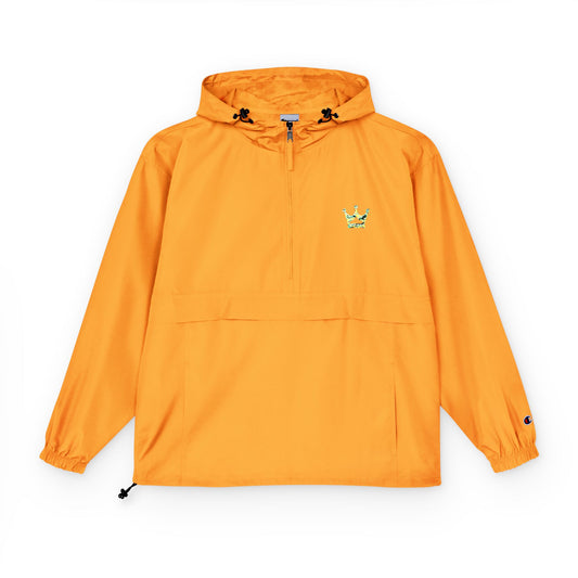 Packable Orange Anorak Jacket — Lightweight Hooded Windbreaker with Small Embroidered Design