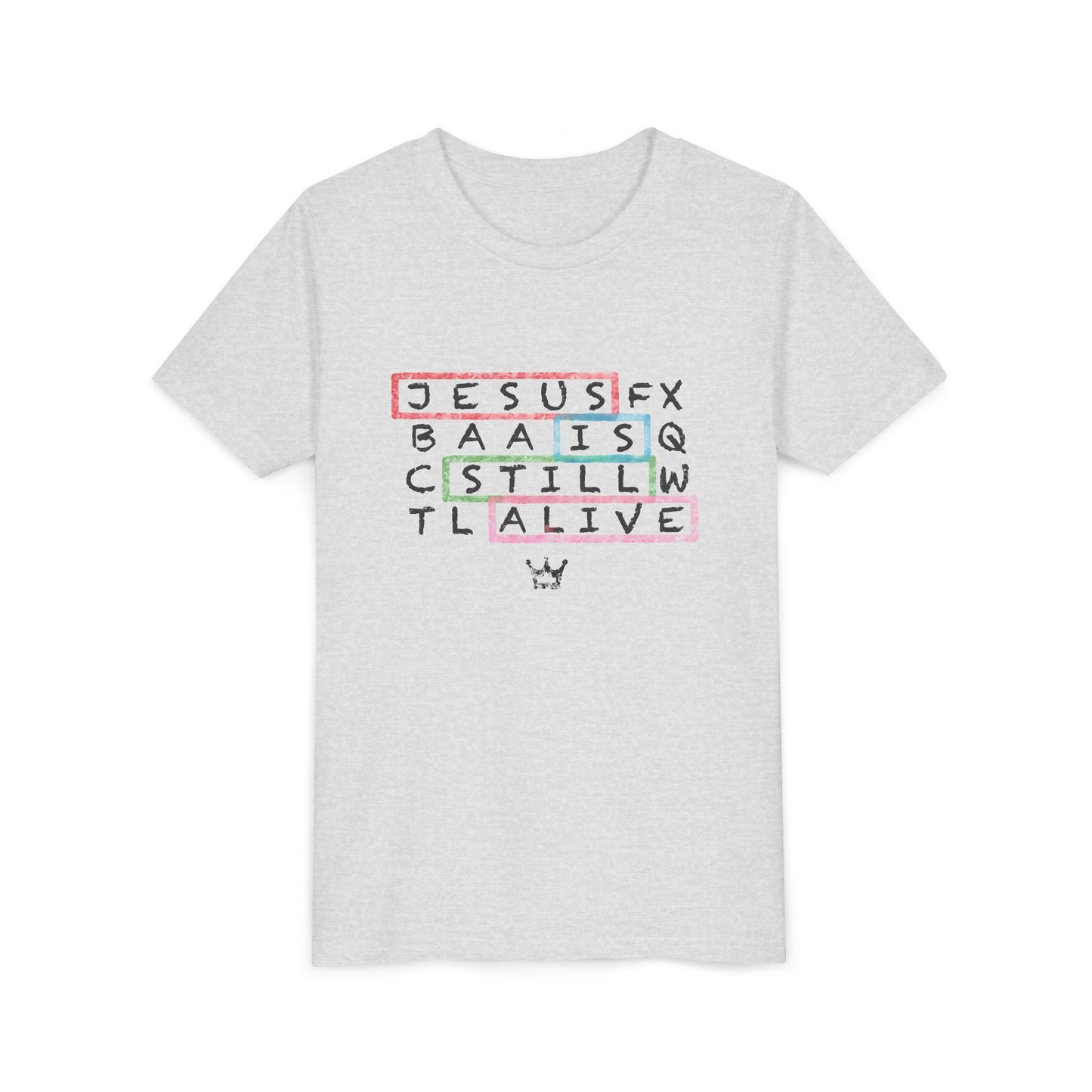 Youth Tee — "Jesus Is Still Alive" Scrabble-Style Christian Graphic