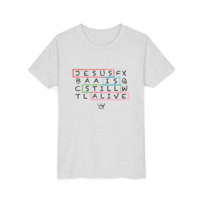 Youth Tee — "Jesus Is Still Alive" Scrabble-Style Christian Graphic