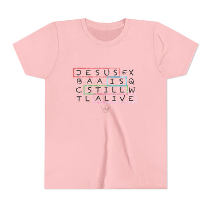 Youth Tee — "Jesus Is Still Alive" Scrabble-Style Christian Graphic