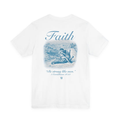 Faith Vintage Bible Scene Tee — "Be strong like men" Christian Scripture T‑Shirt.