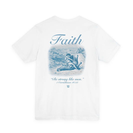 Faith Vintage Bible Scene Tee — "Be strong like men" Christian Scripture T‑Shirt.
