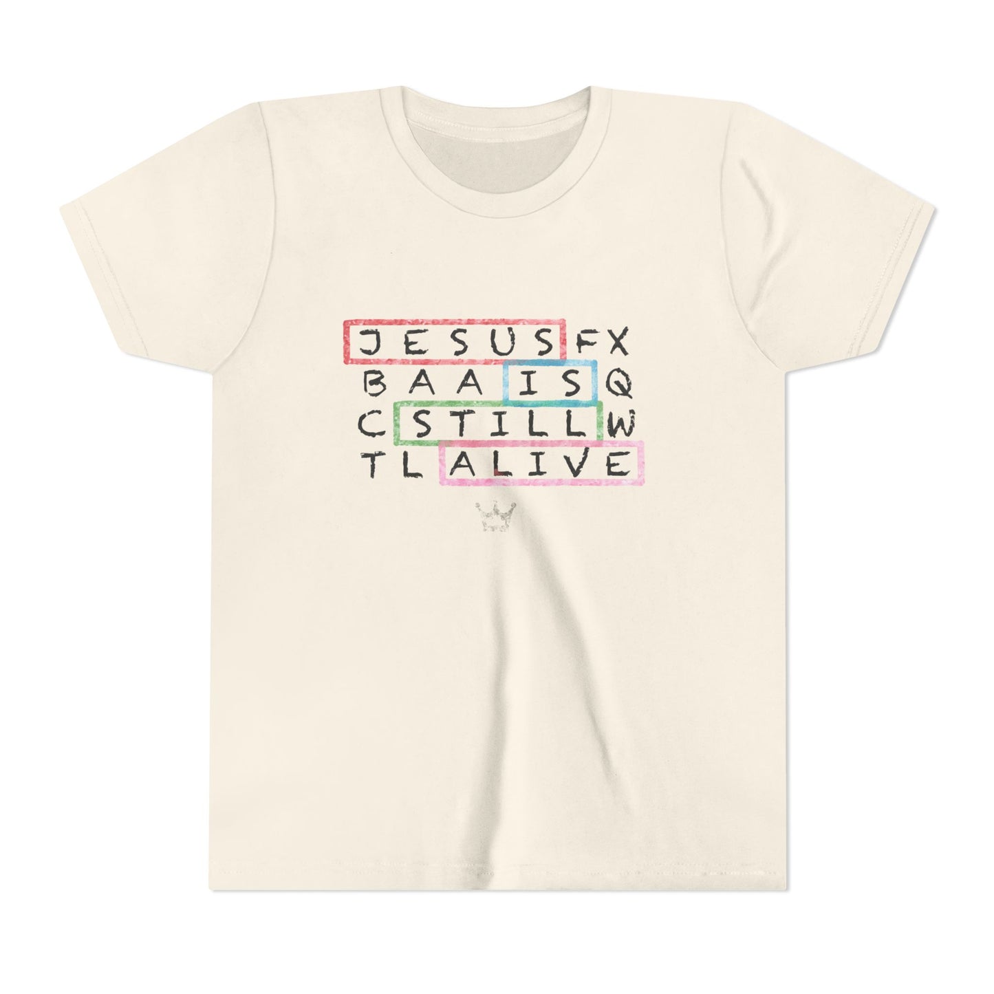 Youth Tee — "Jesus Is Still Alive" Scrabble-Style Christian Graphic