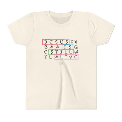 Youth Tee — "Jesus Is Still Alive" Scrabble-Style Christian Graphic