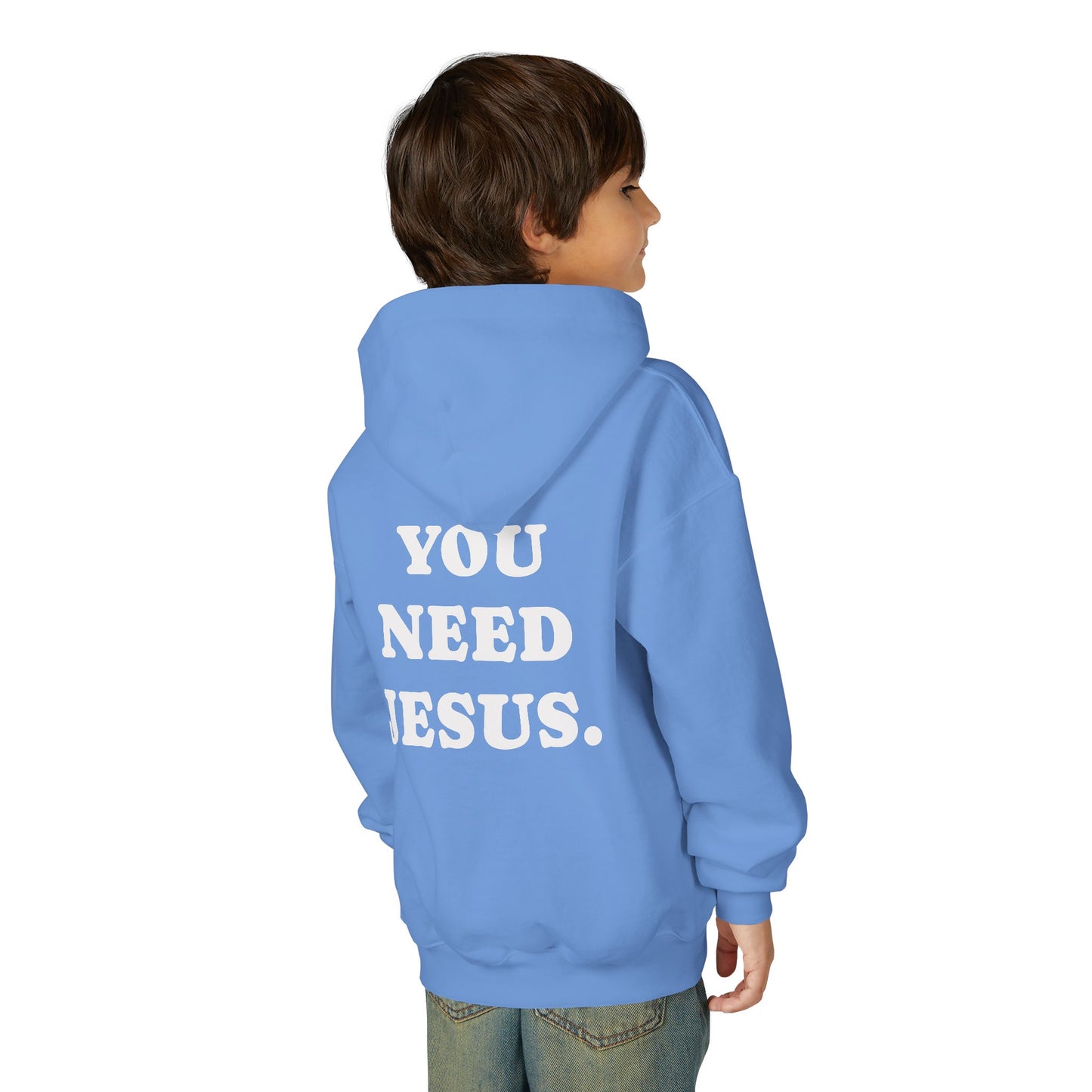 Youth Hoodie — “You Need Jesus.” Bold Back Print with Crown Accent