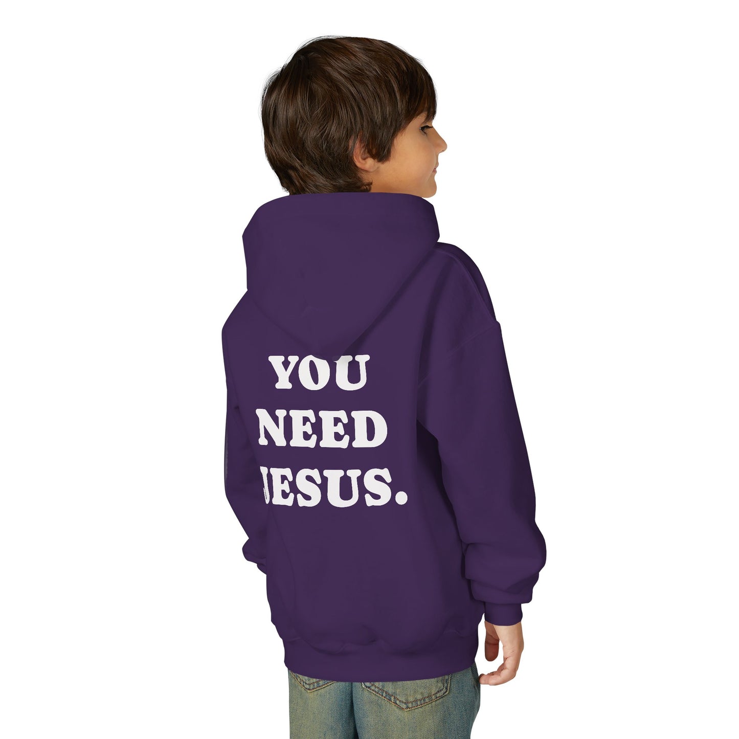 Youth Hoodie — “You Need Jesus.” Bold Back Print with Crown Accent