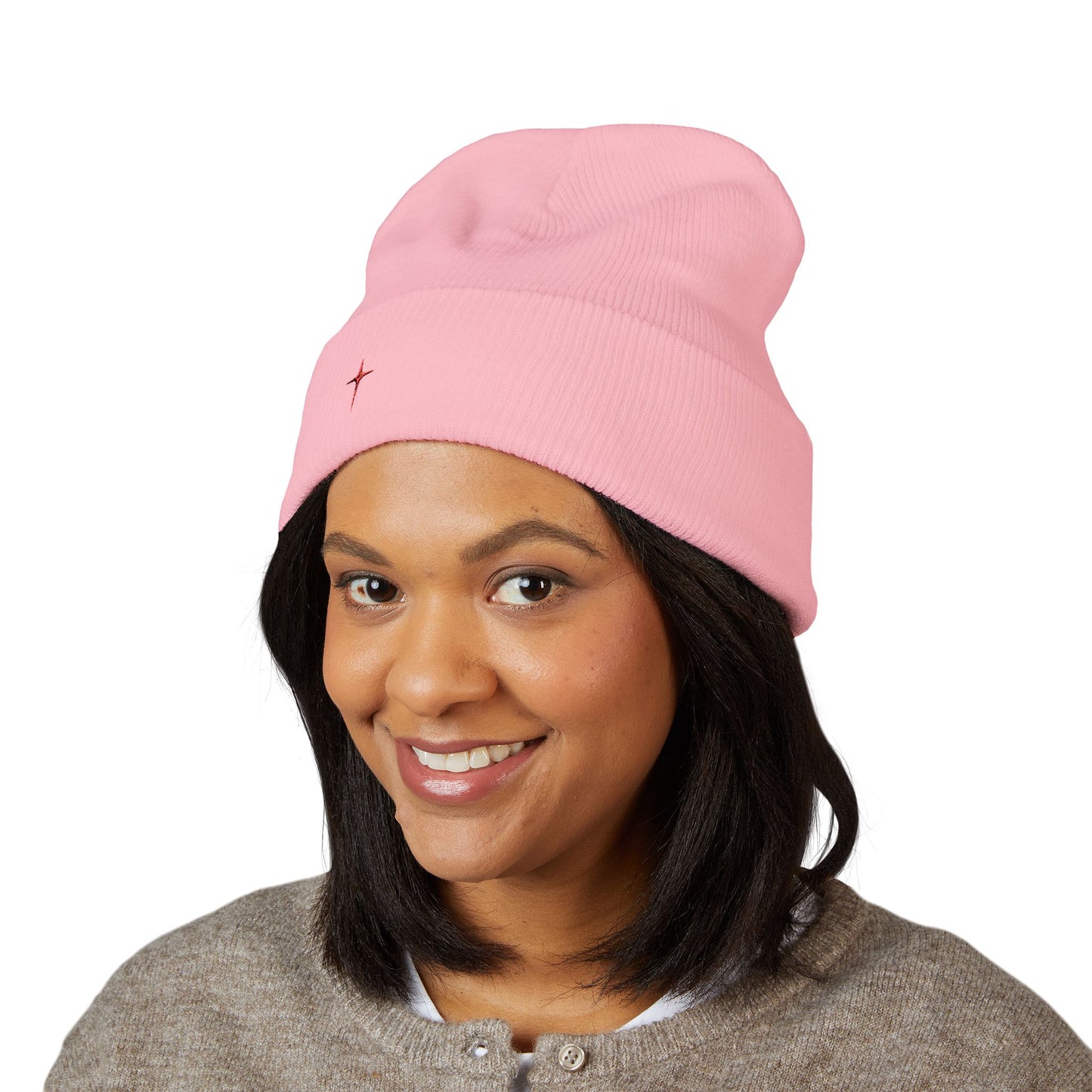 Embroidered Minimal Star Cuffed Beanie — Classic Knit Winter Hat