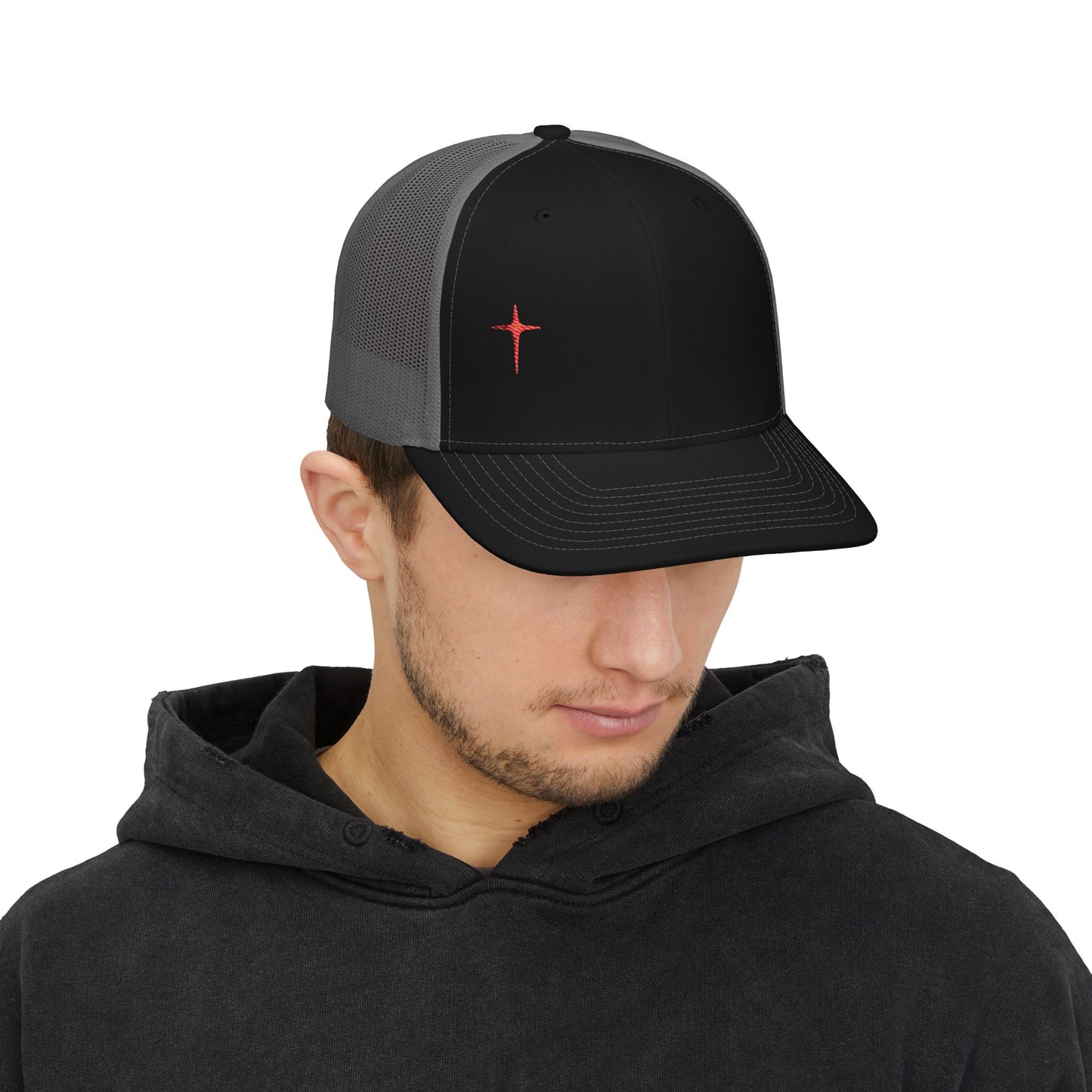 Embroidered Cross Snapback Trucker Hat