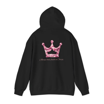 Faith Hoodie — Pink Crown Christian Sweatshirt (Script Faith text)