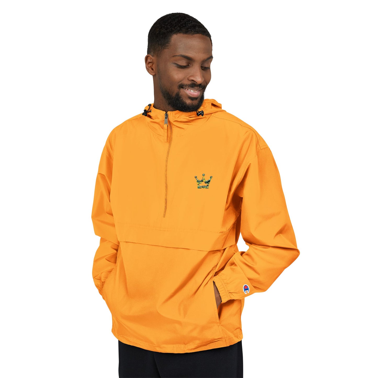 Packable Orange Anorak Jacket — Lightweight Hooded Windbreaker with Small Embroidered Design