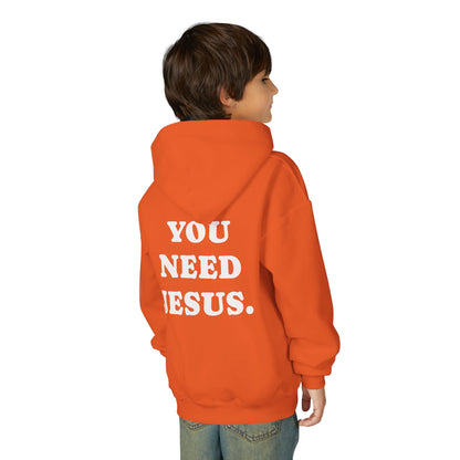 Youth Hoodie — “You Need Jesus.” Bold Back Print with Crown Accent