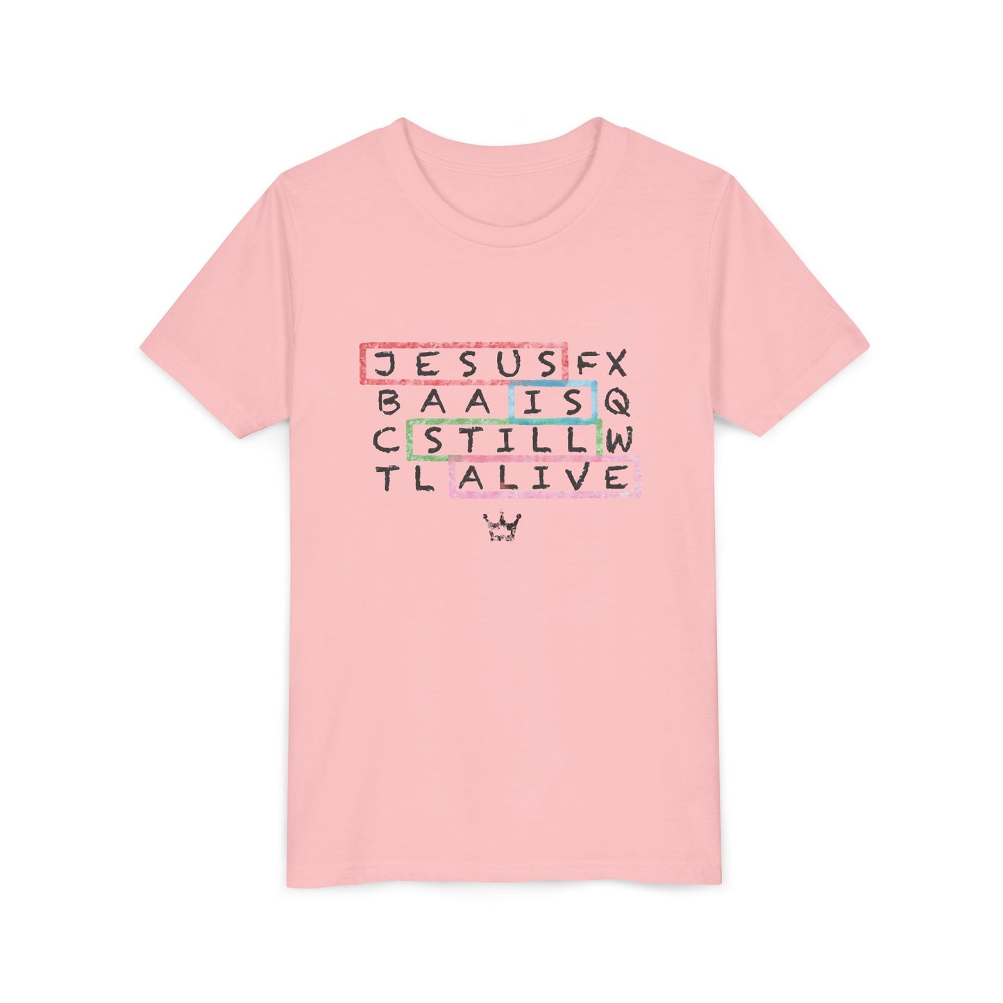 Youth Tee — "Jesus Is Still Alive" Scrabble-Style Christian Graphic