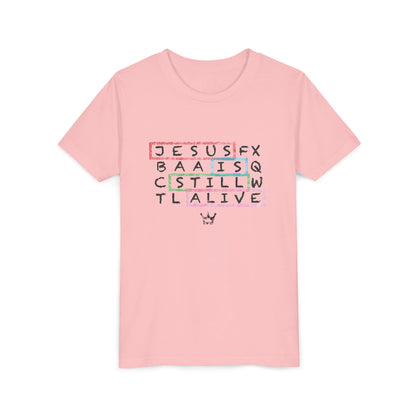 Youth Tee — "Jesus Is Still Alive" Scrabble-Style Christian Graphic