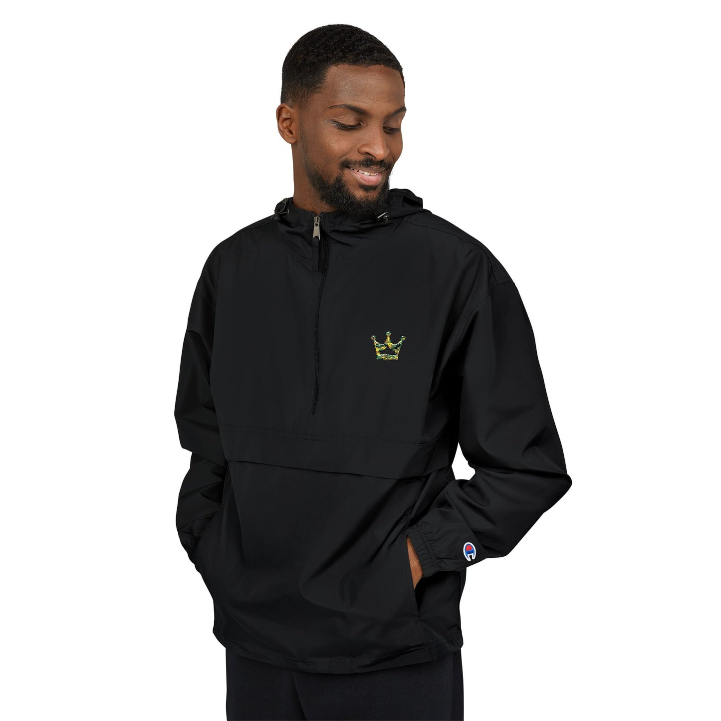 Packable Orange Anorak Jacket — Lightweight Hooded Windbreaker with Small Embroidered Design