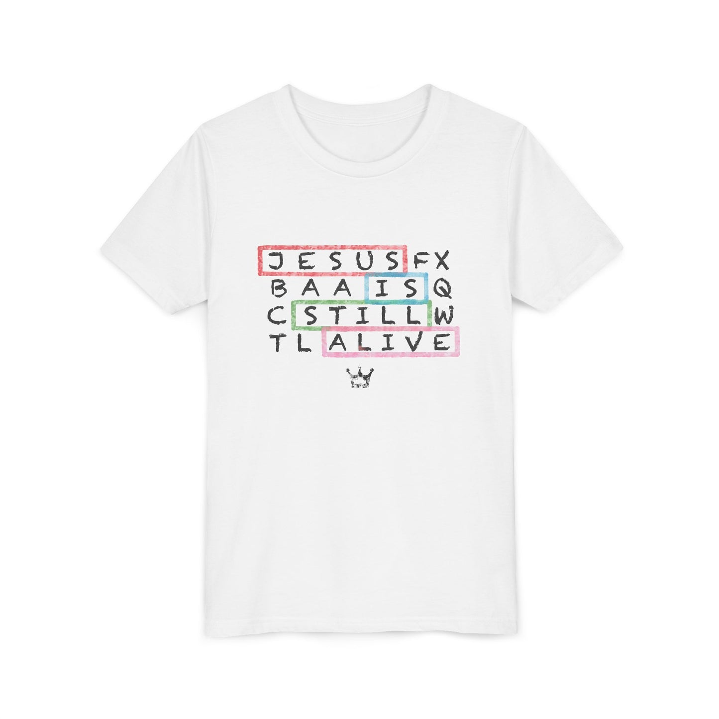Youth Tee — "Jesus Is Still Alive" Scrabble-Style Christian Graphic