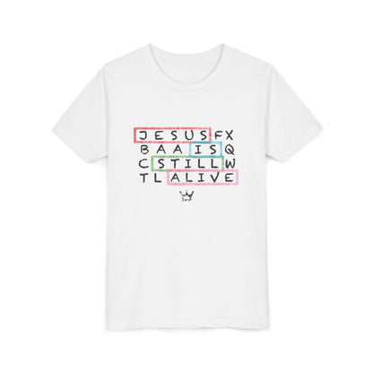 Youth Tee — "Jesus Is Still Alive" Scrabble-Style Christian Graphic