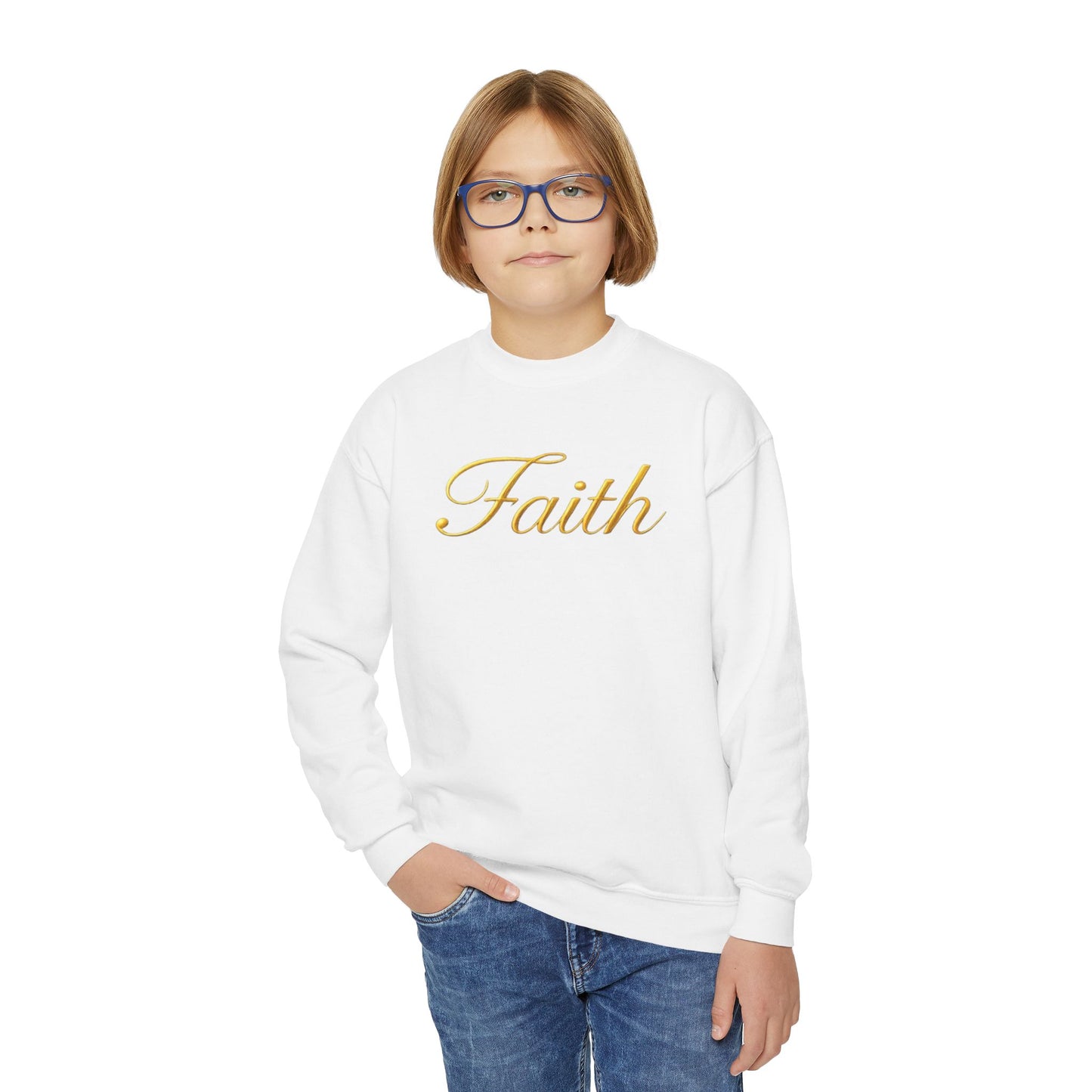 Youth Sweatshirt "Faith" Gold Script – Inspirational Kids Crewneck