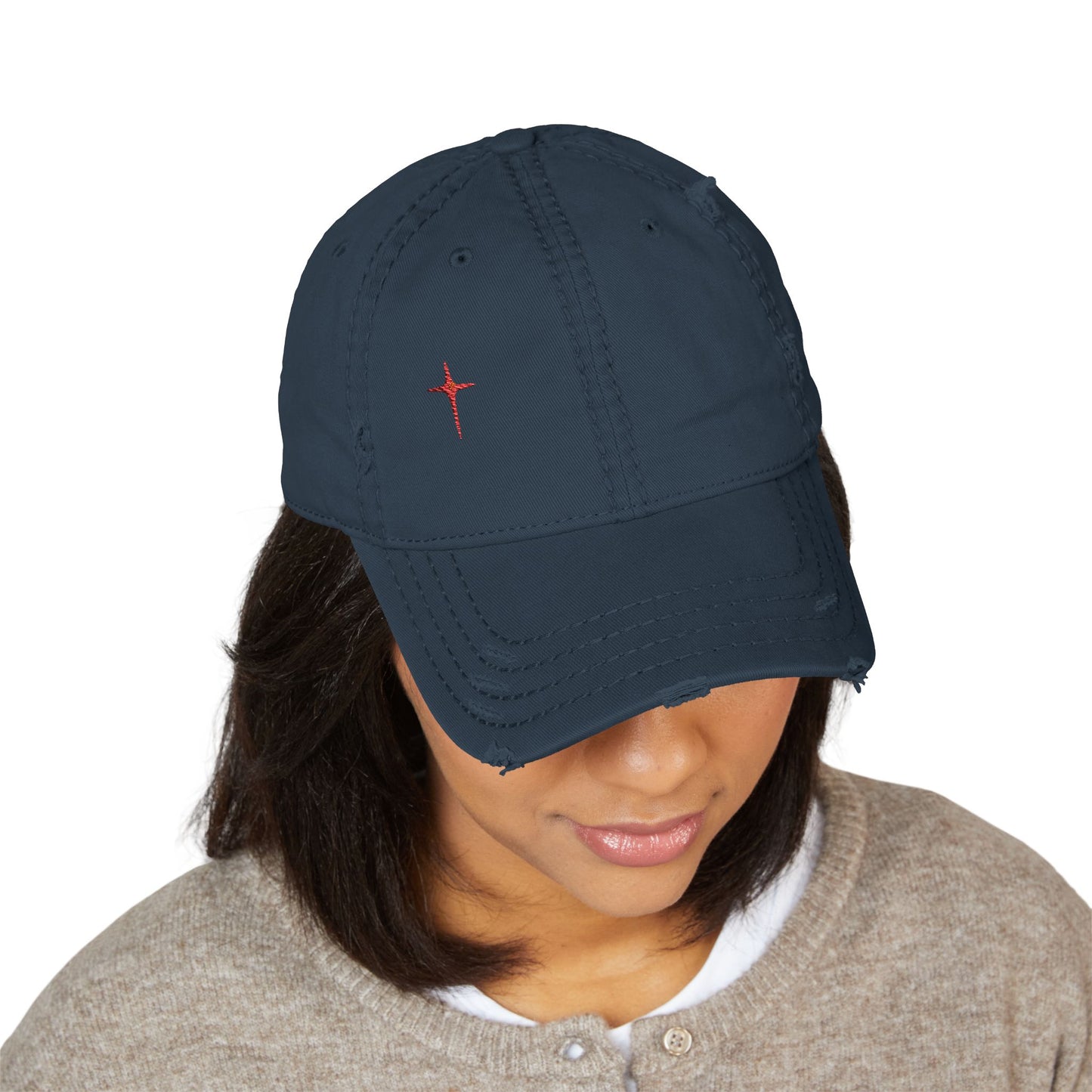 Distressed Embroidered Cross Dad Hat — Retro Worn Baseball Cap